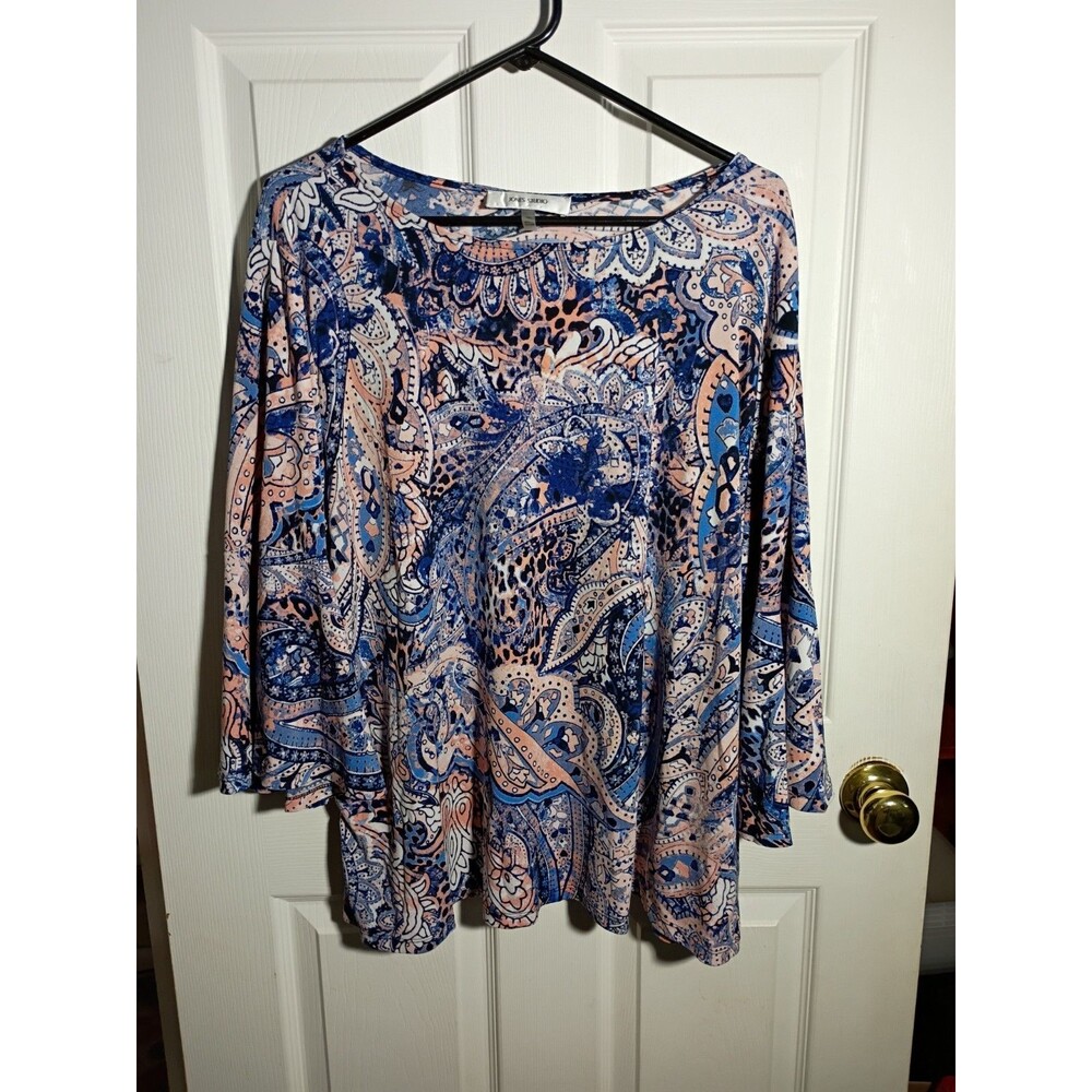 Jones Studio Woman 2X Blouse 3/4 Flare Sleeve Blue Paisley Business Casual